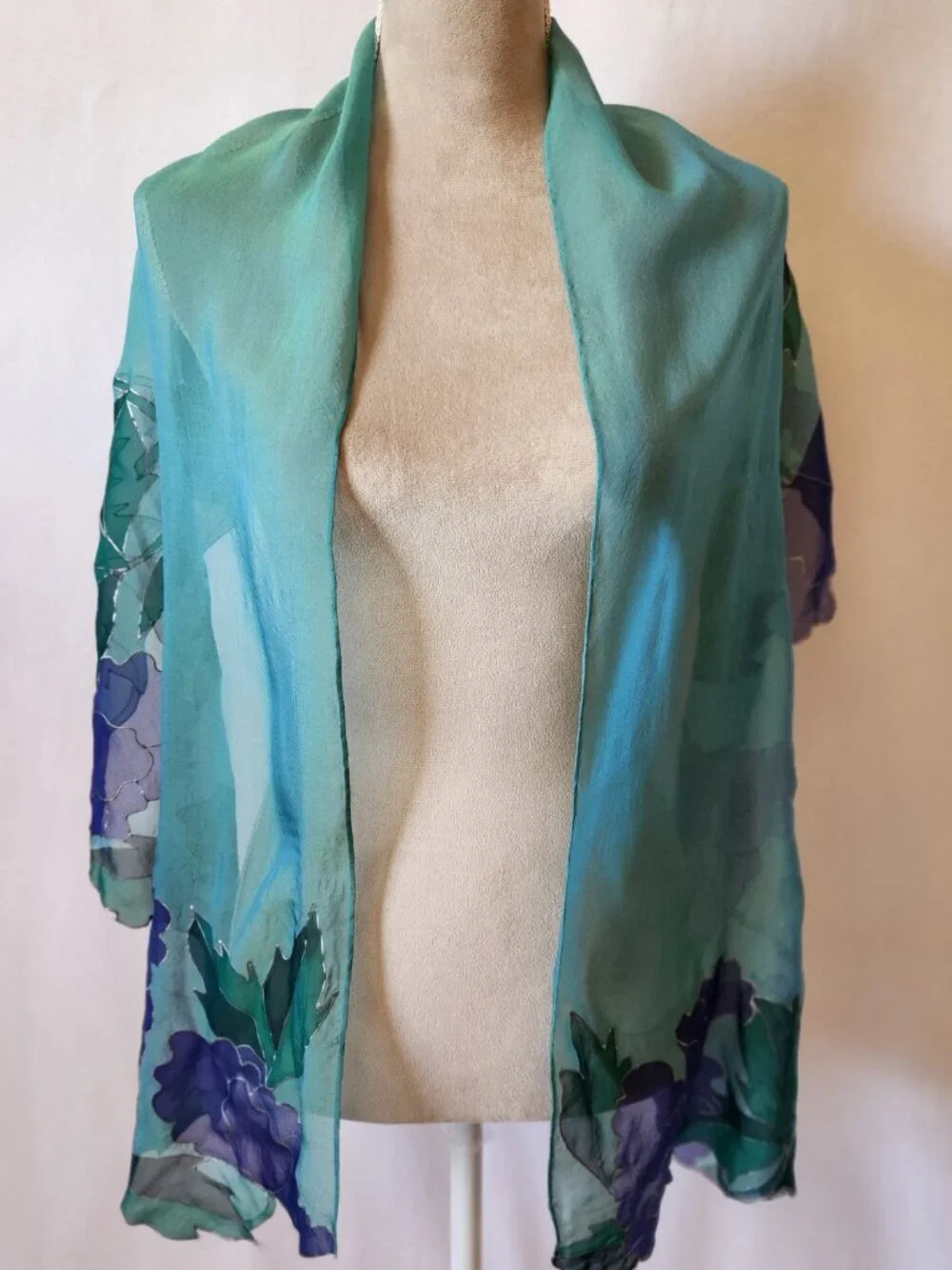 Betty Lathrop Women's Teal Purple Hand Painted Floral Sheer Silk Scarf Wrap